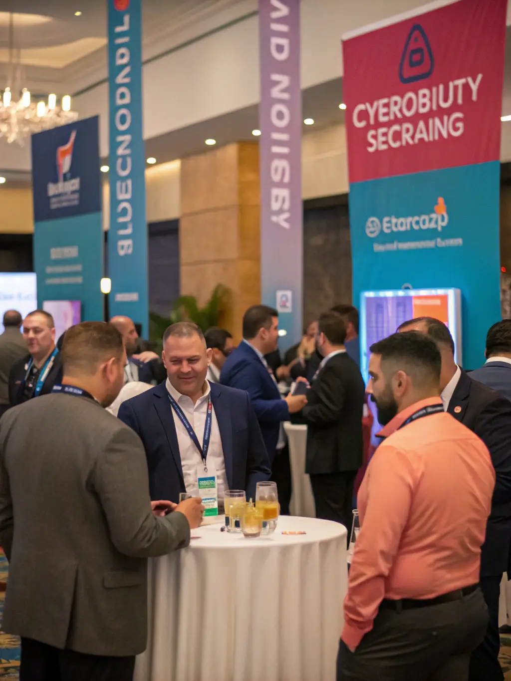 A photograph of a bustling networking session at the Annual Cybersecurity Conference, with professionals engaging in conversations and exchanging business cards.