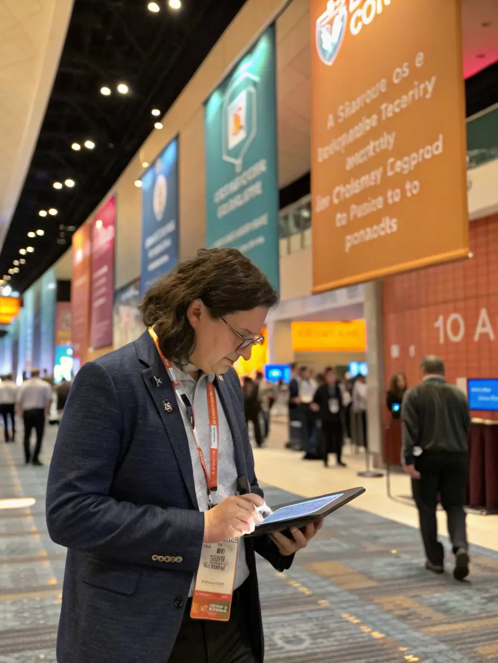 A visually appealing image showcasing the exhibition area at the Annual Cybersecurity Conference, featuring sponsor booths with interactive displays and product demonstrations.
