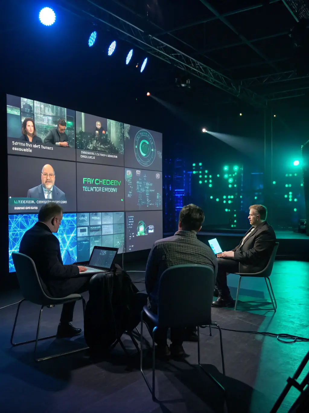 A photograph of a panel discussion at a technology conference, featuring several speakers engaging in a lively debate.