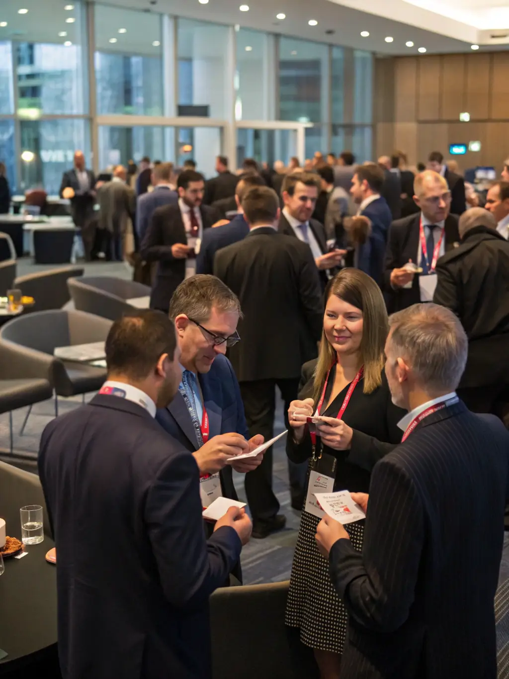 A photograph of a networking event at a business conference, showing attendees engaging in conversations and exchanging business cards.